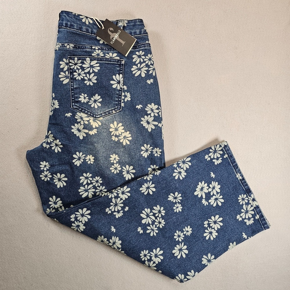 NWT Flamingals Women's 2XL Floral Print Wide Leg Crop Jeans Blue Stretch 59127